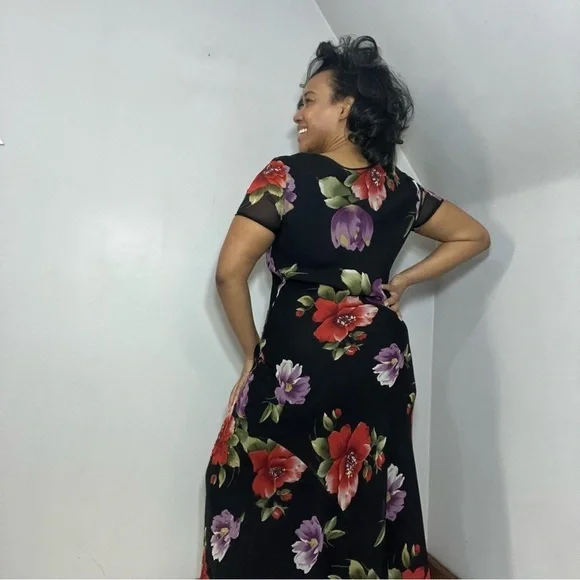 Vintage Floral Maxi Dress Whimsigoth Flowy Evening Gown Cocktail Bloomcore Party - Picture 4 of 16